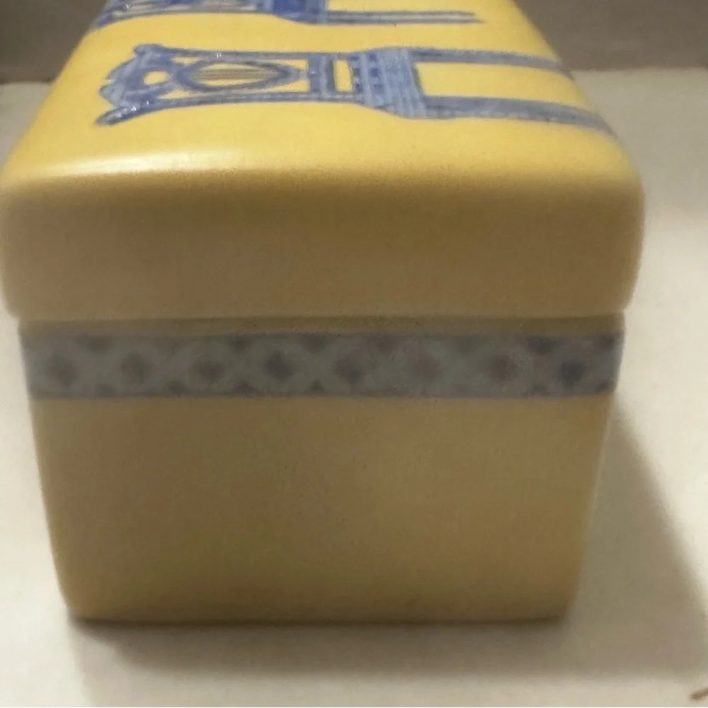Mid Century Modern Handpainted Ceramic Yellow Trinket Box Blue Chairs